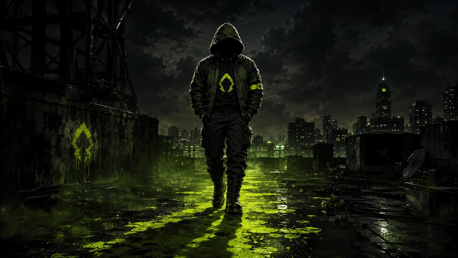 An anonymous hooded Brotherhood figure walking a glowing path through the city.