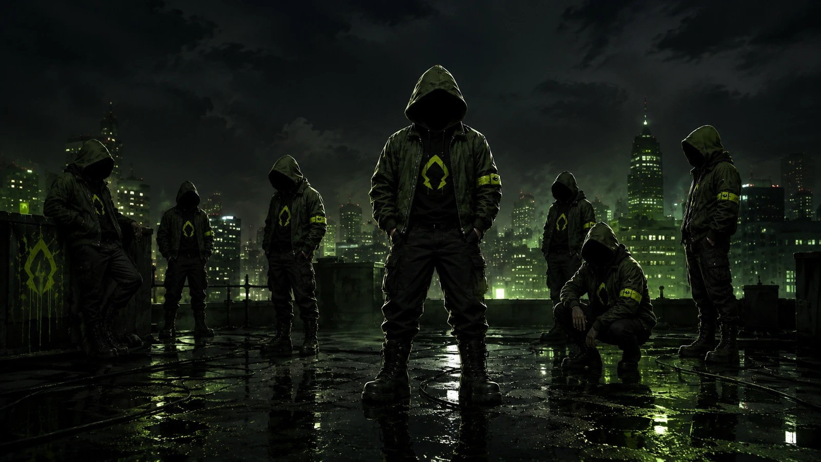 A group of anonymous Brotherhood members united beneath the night skyline.