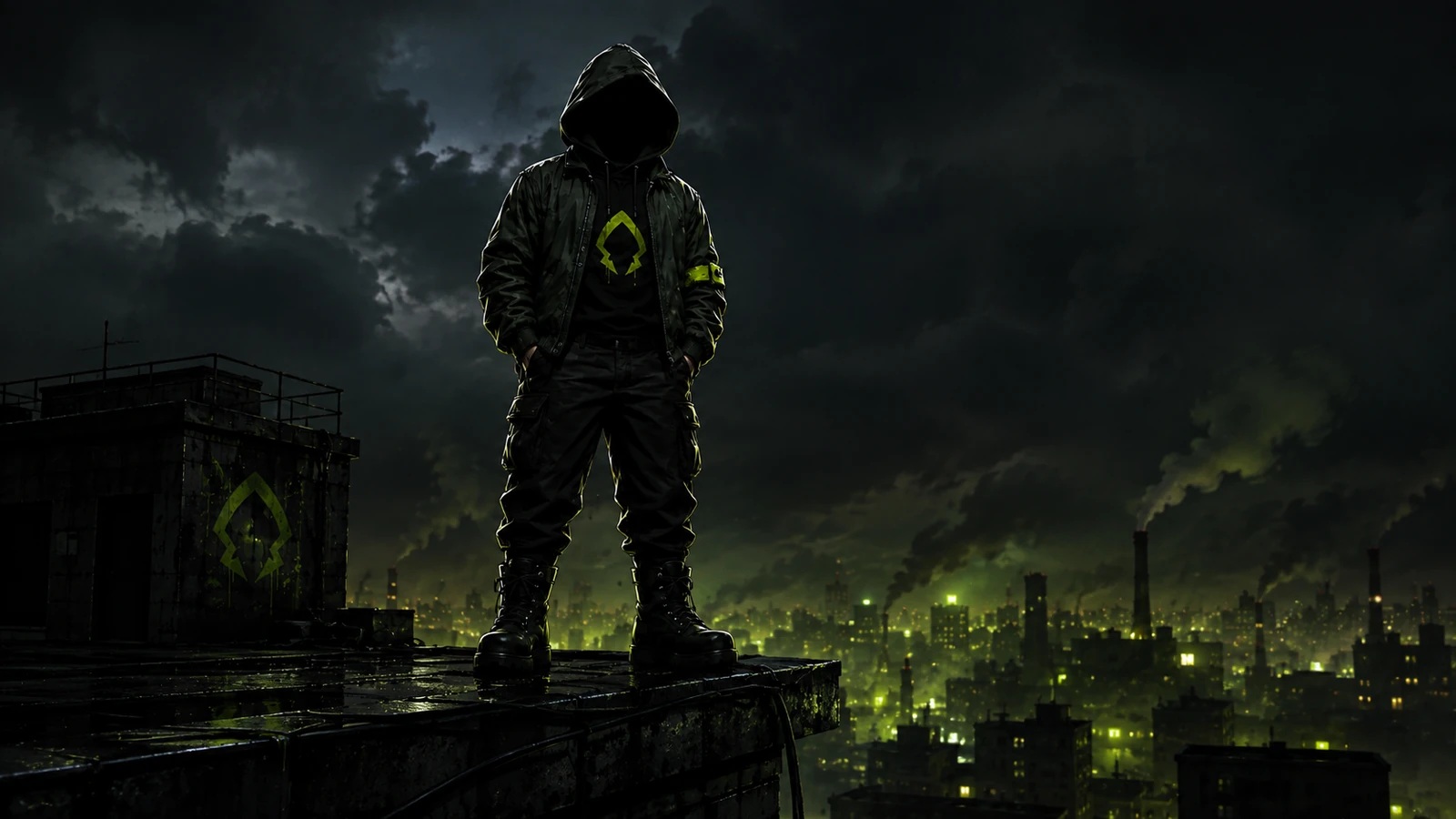 A faceless Brotherhood sentinel watching over the city skyline.