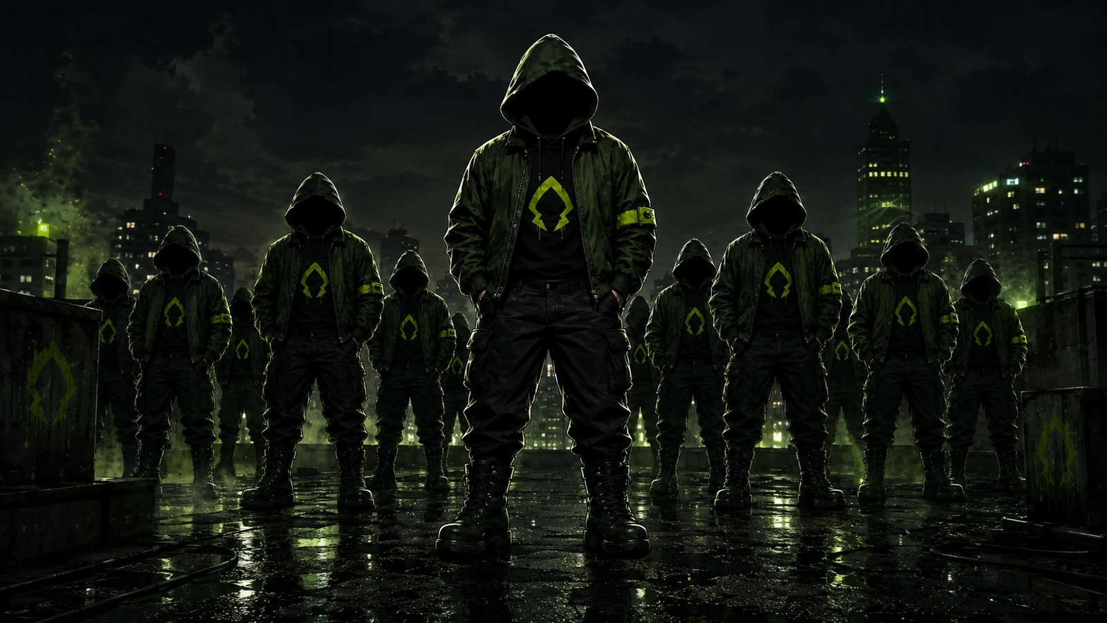 Anonymous Brotherhood members standing together beneath the city skyline.