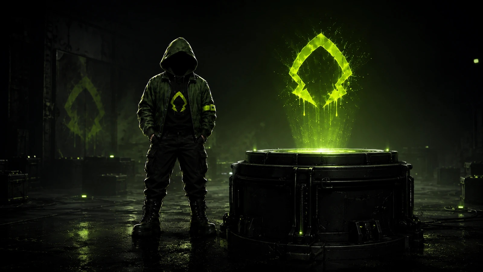 A faceless Brotherhood figure beside a glowing vault and Hood Mark emblem.
